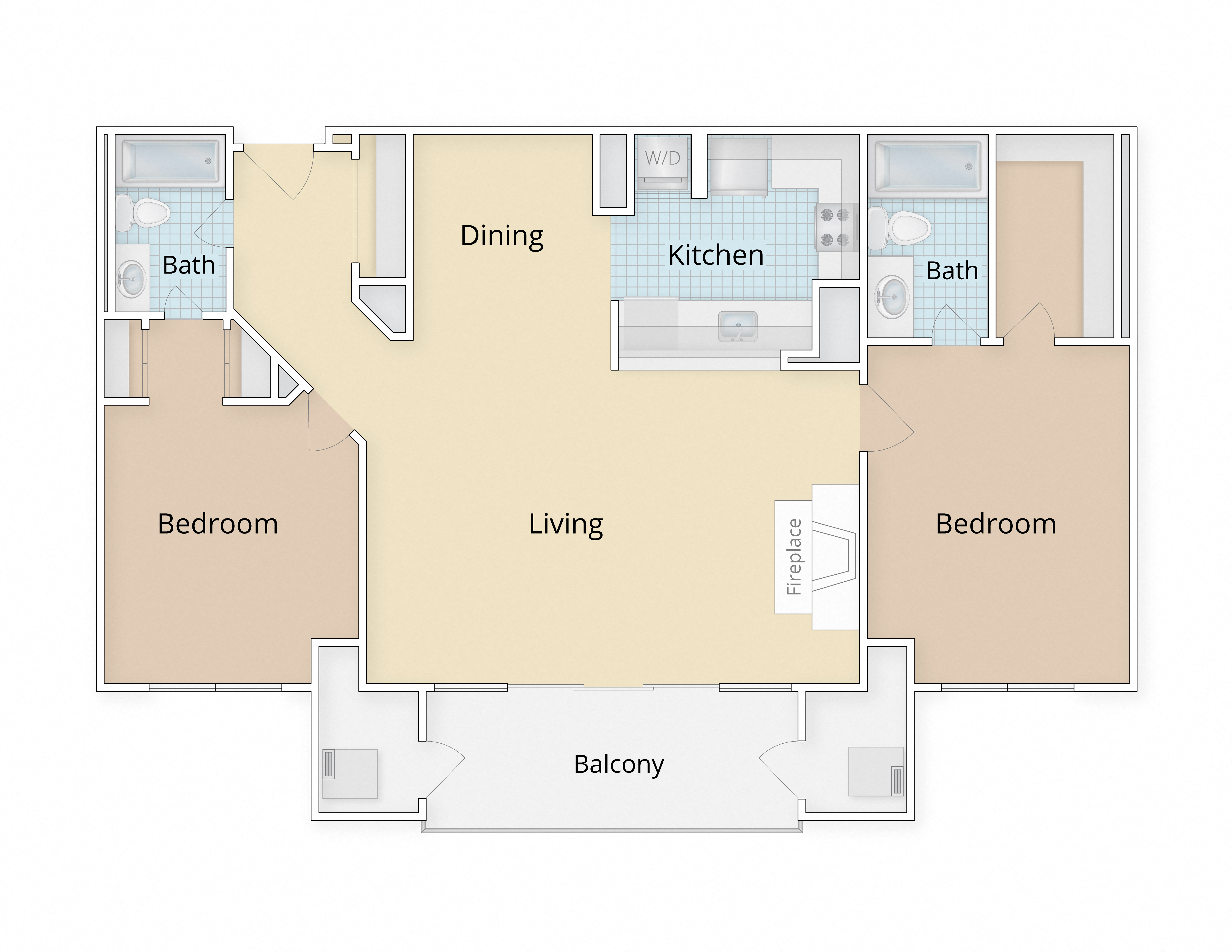 Floor plan for 2 beds, 2 baths, 1250 sqft